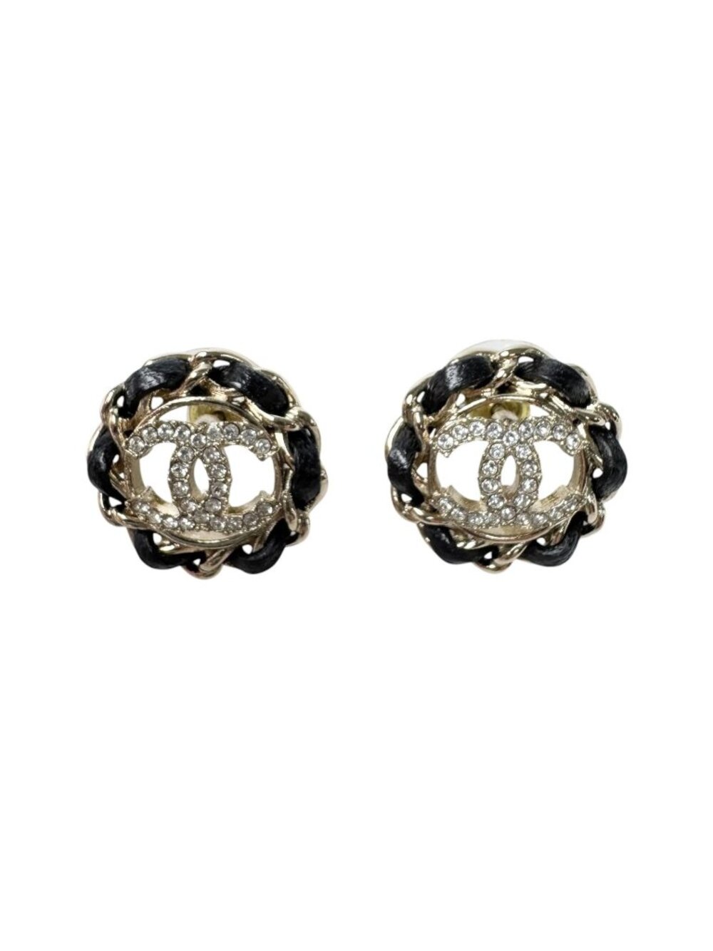 Chanel CC Logo Rhinestone Leather Chain Earrings